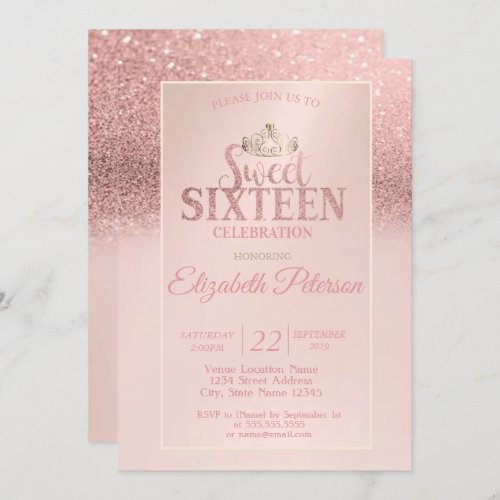 Rose Gold Glitter Bokeh OmbreTiara Sweet 16 Party Invitation