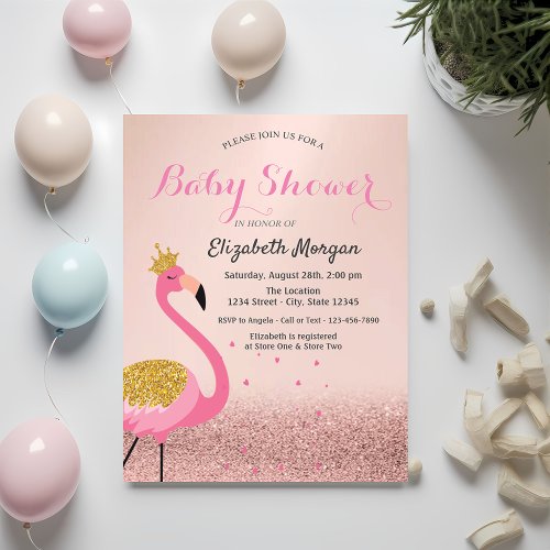 Rose Gold Glitter BokehPink Flamingo Baby Shower Invitation