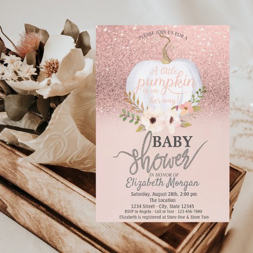 Rose Gold Glitter Bokeh Pumpkin Baby Shower Invitation