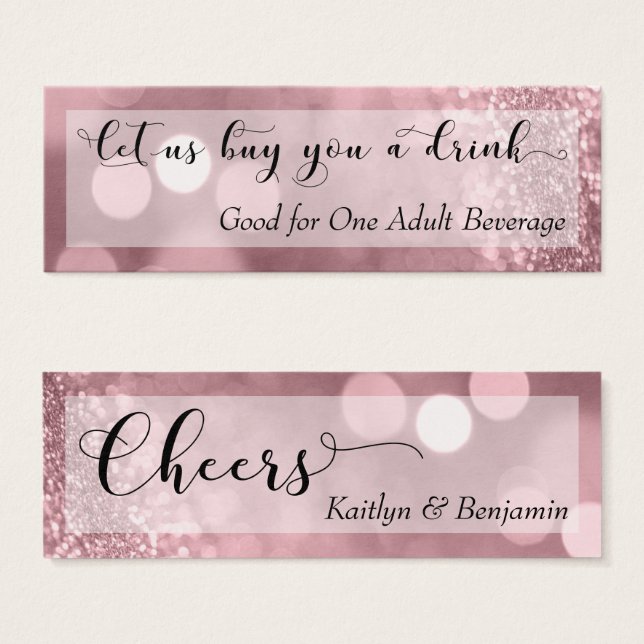 Rose Gold Glitter Bokeh Script Mini Drink Ticket (Front & Back)