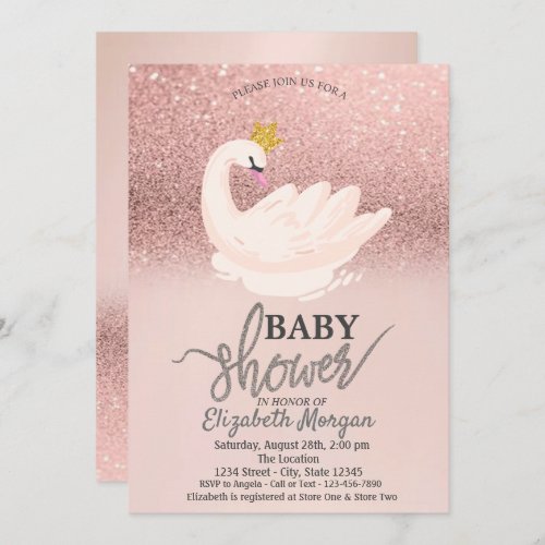 Rose Gold Glitter BokehSwan Baby Shower  Invitation