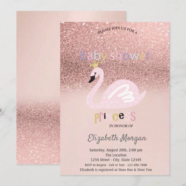 Rose Gold Glitter Bokeh,Swan Baby Shower Invitation (Front/Back)