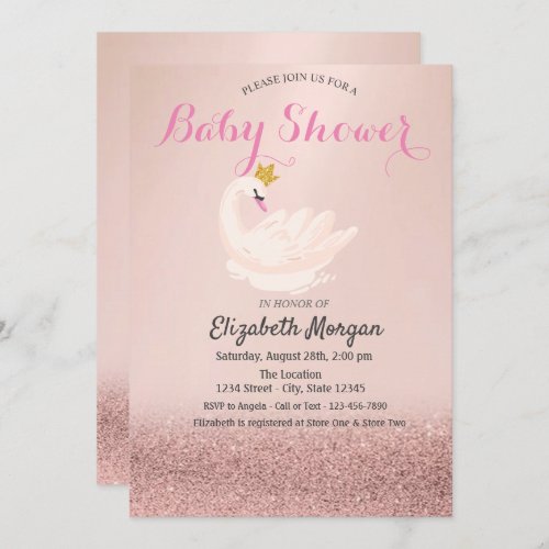 Rose Gold Glitter BokehSwan Crown Baby Shower  Invitation