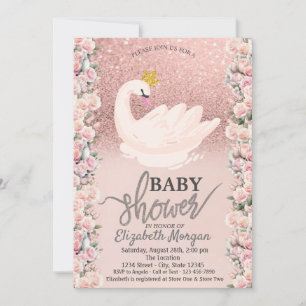 Rose Gold Glitter Bokeh,Swan Roses Baby Shower Invitation