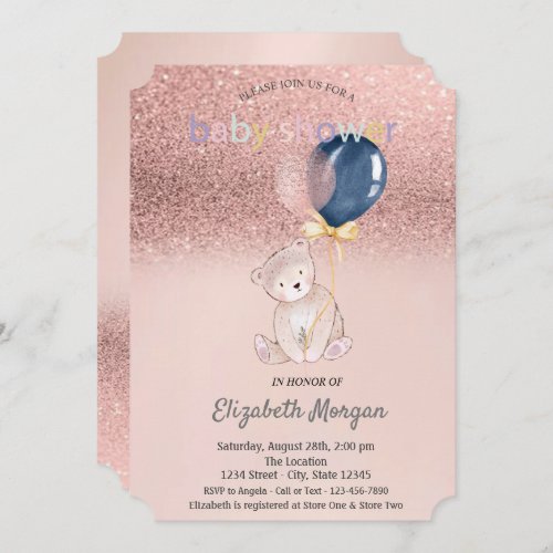 Rose Gold Glitter BokehTeddy Bear Baby Shower  Invitation