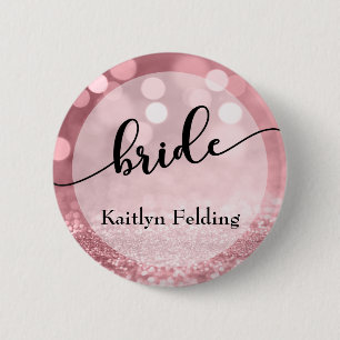 Rose Gold Glitter Bokeh & Typography Bride 1 Button