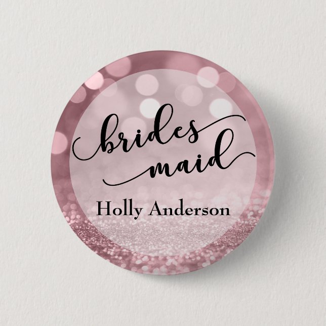 Rose Gold Glitter Bokeh & Typography Bridesmaid Button (Front)