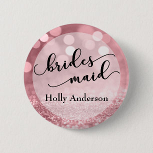 Rose Gold Glitter Bokeh & Typography Bridesmaid Button