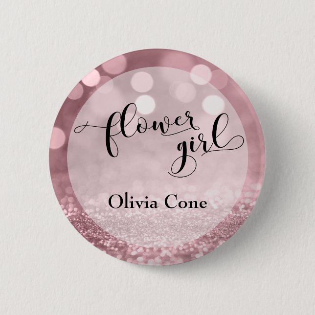 Rose Gold Glitter Bokeh Typography Flower Girl Button (Front)