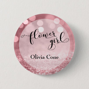 Rose Gold Glitter Bokeh Typography Flower Girl Button