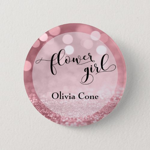 Rose Gold Glitter Bokeh Typography Flower Girl Button