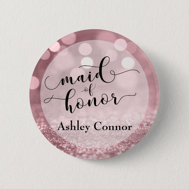 Rose Gold Glitter Bokeh & Typography Maid of Honor Button (Front)