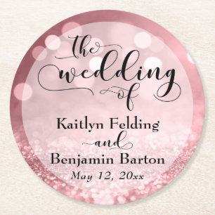 Rose Gold Glitter Bokeh & Typography Souvenir Round Paper Coaster