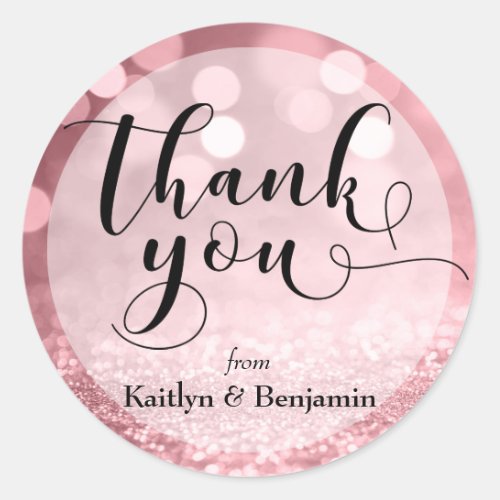 Rose Gold Glitter Bokeh  Typography Thank You 2 Classic Round Sticker