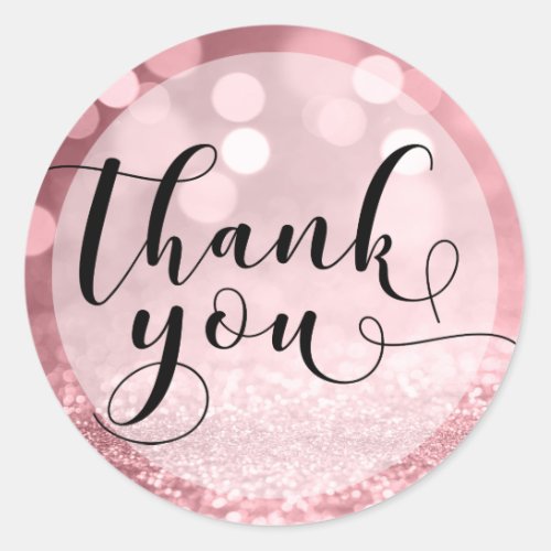 Rose Gold Glitter Bokeh  Typography Thank You 3 Classic Round Sticker