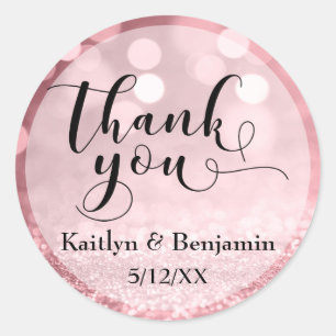 Rose Gold Glitter Bokeh & Typography Thank You Classic Round Sticker