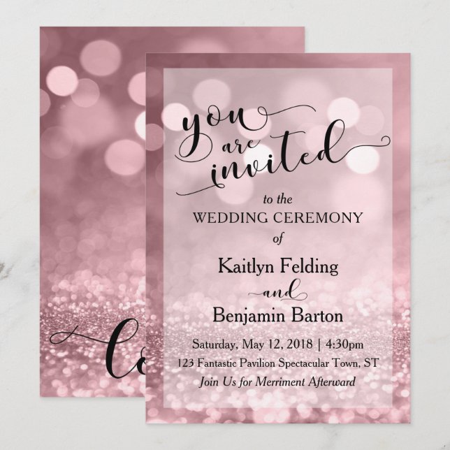 Rose Gold Glitter Bokeh Wedding You Are Invited Invitation (Front/Back)