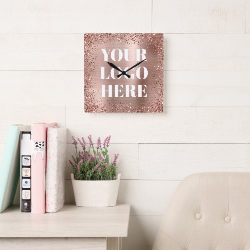 Rose Gold Glitter Border and Foil Logo Square Wall Clock