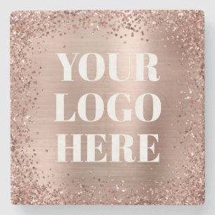Rose Gold Glitter Border and Foil Logo Stone Coaster