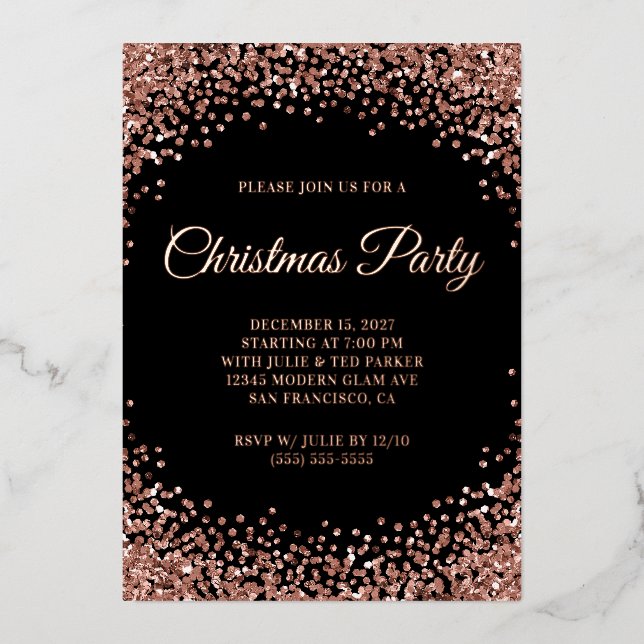 Rose Gold Glitter Border Black Christmas Party Foil Invitation (Front)