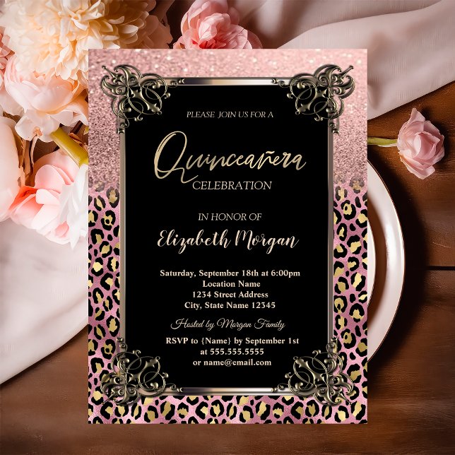 Rose Gold Glitter Border Leopard Quinceañera Invitation (Creator Uploaded)