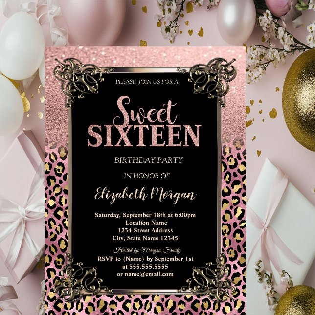 Rose Gold Glitter Border Leopard Sweet 16 Invitation (Creator Uploaded)