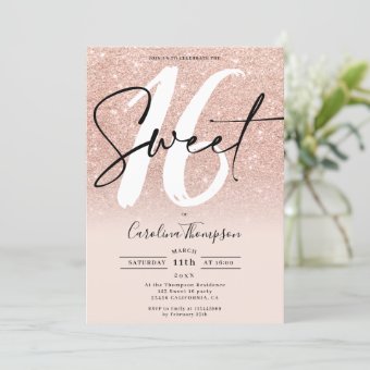 Rose gold glitter border script photo Sweet 16 Invitation | Zazzle