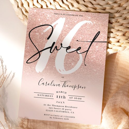 Rose gold glitter border script photo Sweet 16 Invitation