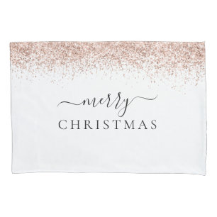 Rose Gold Glitter Border White Merry Christmas Pillow Case