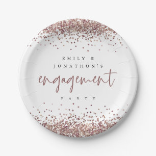 Rose Gold Glitter Borders Names Engagement Party Paper Plates