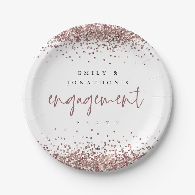 Rose Gold Glitter Borders Names Engagement Party Paper Plates (Front)