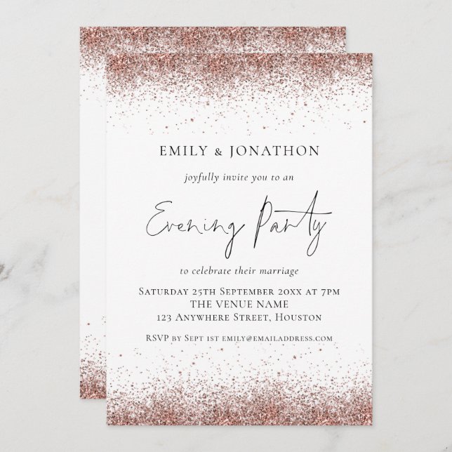 Rose Gold Glitter Borders Wedding Evening Invitation (Front/Back)