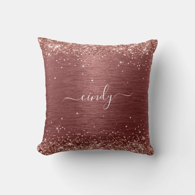 Rose Gold Glitter Brick Red Brushed Metal Name Throw Pillow (Front)
