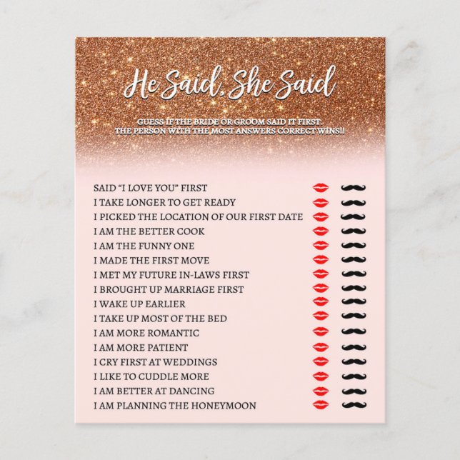 Rose Gold Glitter Bridal He Said She Said Game (Front)