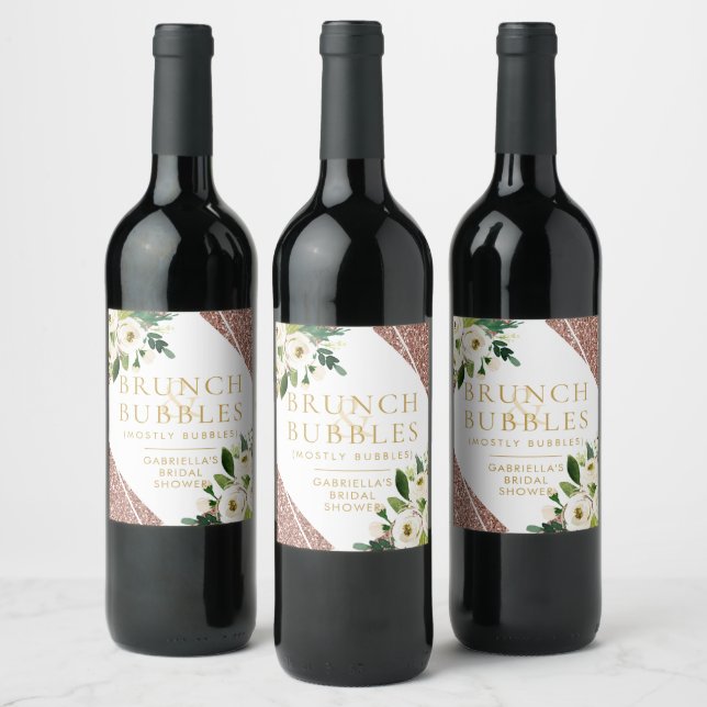 Rose Gold Glitter Bridal Shower Brunch & Bubbles Wine Label (Bottles)