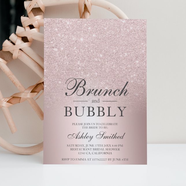 Rose gold glitter brunch bubbly bridal shower invitation