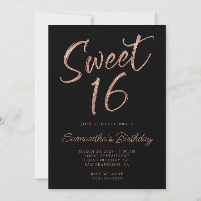 Rose Gold Glitter Brush Script Sweet 16 Black Invitation (Front)