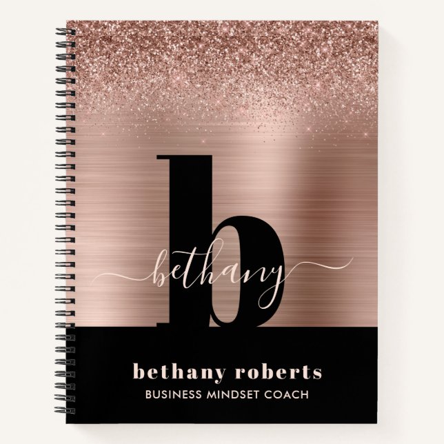 Rose Gold Glitter Brushed Metal Black Monogram Notebook (Front)
