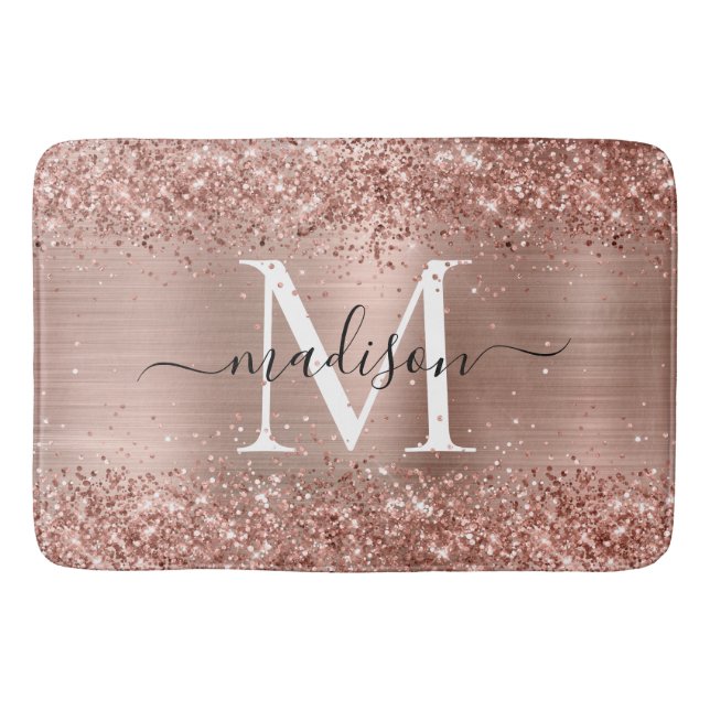 Rose Gold Glitter Brushed Metal Monogram Script Bath Mat (Front)