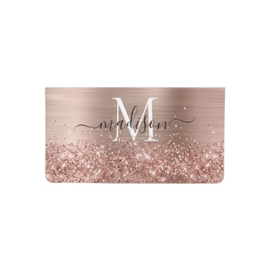 Rose Gold Glitter Brushed Metal Monogram Script Checkbook Cover (Front)