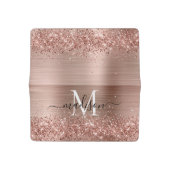 Rose Gold Glitter Brushed Metal Monogram Script Checkbook Cover (Open)