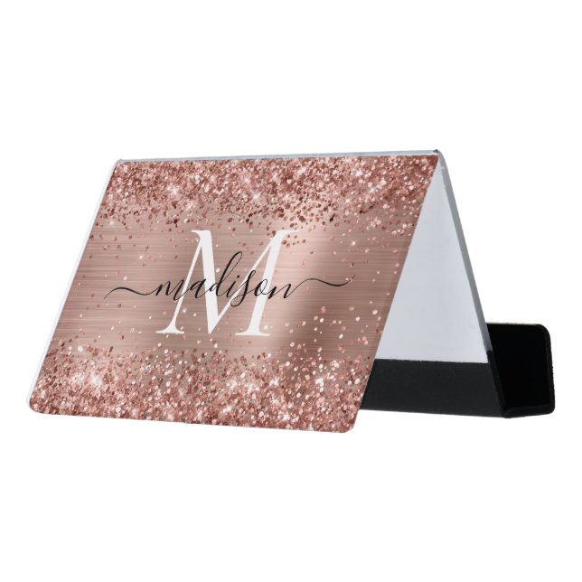 Rose Gold Glitter Brushed Metal Monogram Script Desk Business Card Holder (Angled Back)