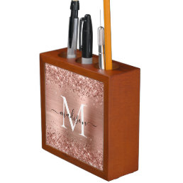 Rose Gold Glitter Brushed Metal Monogram Script Desk Organizer