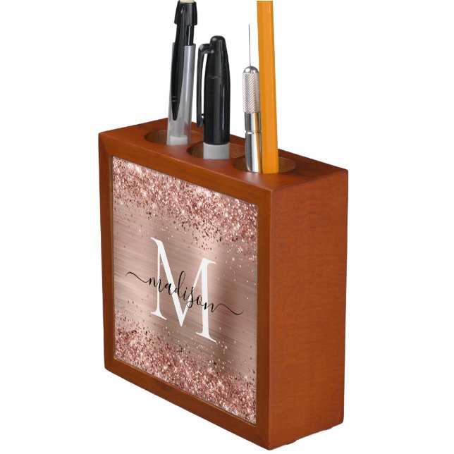 Rose Gold Glitter Brushed Metal Monogram Script Desk Organizer (In Situ)
