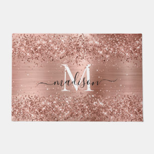 Rose Gold Glitter Brushed Metal Monogram Script Doormat