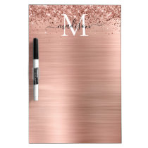 Rose Gold Glitter Brushed Metal Monogram Script Dry Erase Board