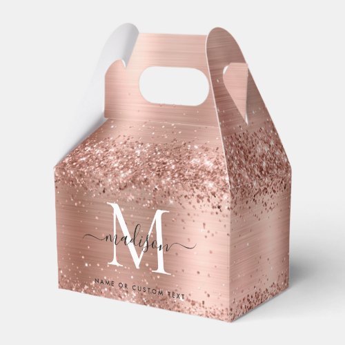 Rose Gold Glitter Brushed Metal Monogram Script Favor Boxes