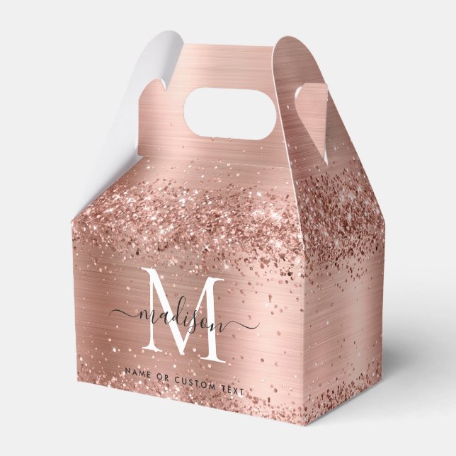 Rose Gold Glitter Brushed Metal Monogram Script Favor Boxes (Front Side)