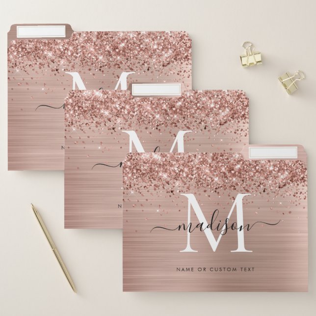 Rose Gold Glitter Brushed Metal Monogram Script File Folder (Set)