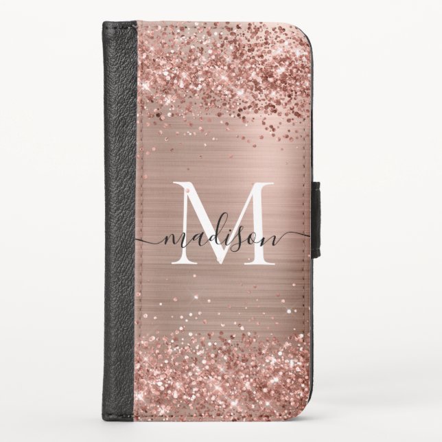Rose Gold Glitter Brushed Metal Monogram Script iPhone Wallet Case (Front)